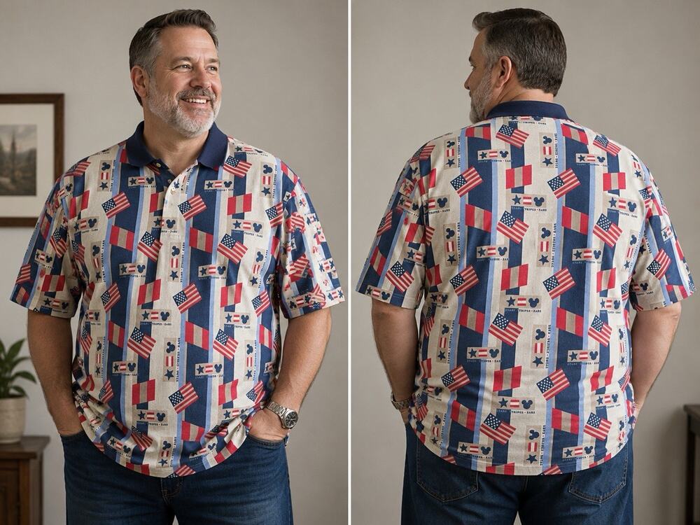 Disney Mickey Mouse Stars Stripes Ears Patriotic Polo Shirt Men’s XXL USA Flag